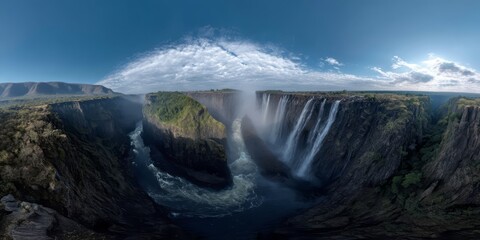 Breathtaking waterfall view nature panorama hdr 360 degrees landscape