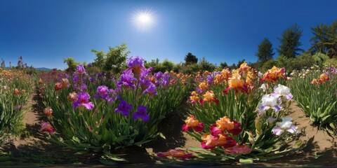Vibrant flower garden in full bloom hdr 360 degrees panoramic view