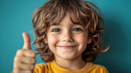 Happy toddler boy gives thumbs up, smiling broadly against a teal background