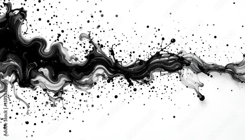 Poster black ink gracefully flows across a clean white canvas, creating a dramatic splash with dynamic move