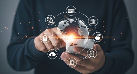 Global Mobile Banking: Man Holding Phone with Digital Financial Icons Overlay