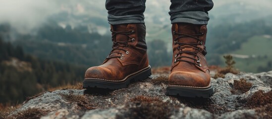 Hiking boots on mountaintop, nature background, adventure concept