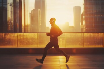 Urban Runner: A person enjoys a jog in the city, surrounded by skyscrapers and bathed in the golden light of sunrise.
