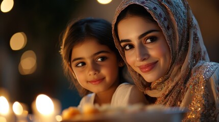 Mother and Daughter at Dinner, Warm Evening, Festive Gathering