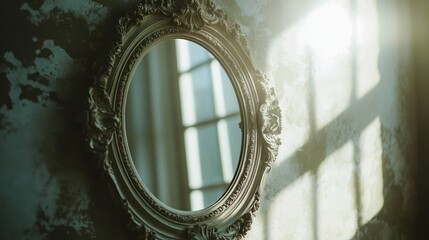 Ornate mirror reflecting window light on aged wall