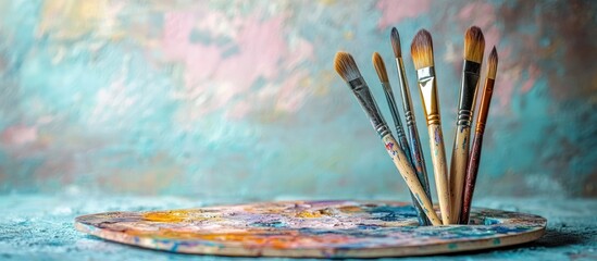 Paintbrushes in palette, artistic background.  Studio shot, creative process