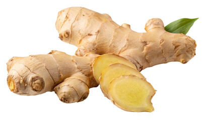 Fresh ginger root with sliced pieces on white background organic spice food ingredient