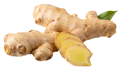 Fresh ginger root with sliced pieces on white background organic spice food ingredient
