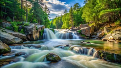 Fototapeta premium Majestic Lower Falls, Swift River, NH. Long exposure photography reveals the waterfall's serene power in a stunning landscape.