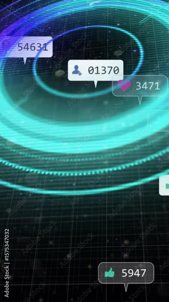 Poster animation of social media icons with numbers over scope scanning with shapes on black background
