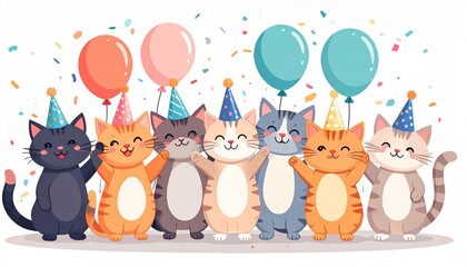Naklejka premium Cute cartoon cats with balloons and party hats for International Cat Day celebration.