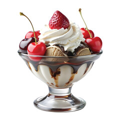 Ice Cream Sundae in Glass Cup: A classic ice cream sundae with vanilla, strawberry, and chocolate scoops, topped with whipped cream and cherry, PNG