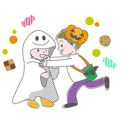 ハロウィンでお化けとカボチャの仮装をして楽しむ子供たち
