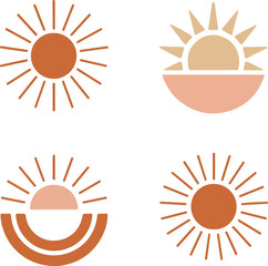 Collection of abstract sun motifs in warm earthy terracotta and beige tones representing a bohemian and minimalist aesthetic for modern design