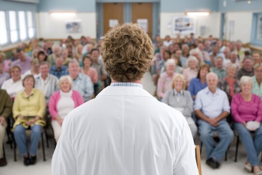 Doctor addressing a large audience of seniors in a community hall, discussing health topics