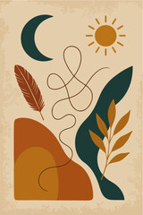 Abstract mid century modern composition featuring celestial elements sun moon feather and organic shapes in earth tones on textured background