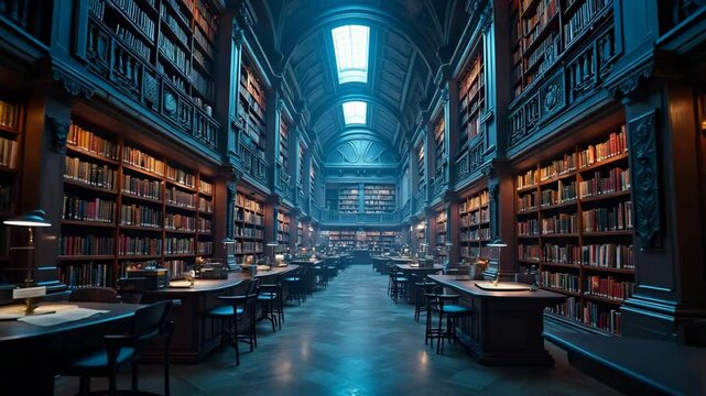 Exploring Grand Library Interior with Books and Reading Desks