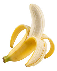 Fresh ripe banana fruit with open peel isolated on a white background for healthy nutrition concept