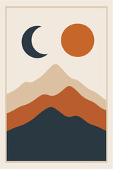 Abstract minimalist landscape featuring a crescent moon and sun over layered wavy mountains in warm earth tones and deep navy blue