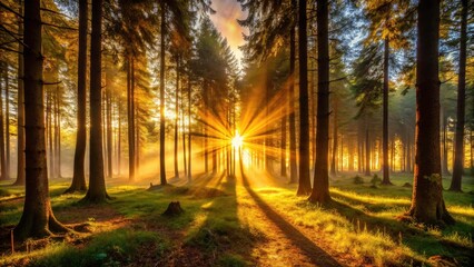 Obraz premium Majestic sunset silhouettes: trees bathed in golden sunlight, a breathtaking backlit landscape.