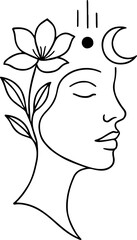 Elegant minimalist line art of a woman s profile adorned with a blooming flower crescent moon and celestial dot symbolizing inner peace and spiritual connection