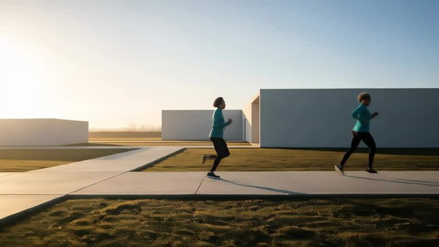 Woman in Blue Shirt Running on Concrete Path Near White Buildings with Natural Lighting in a Serene Outdoor Setting