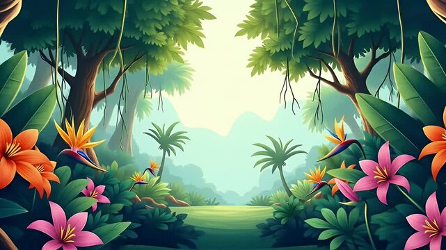 Jungle cartoon landscape with layered tropical trees, hanging vines, misty background, and exotic plants. Side-scrolling loop with parallax depth for adventure animation or game level.
