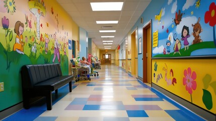 Colorful murals brighten a hospital hallway with children in transport chairs.