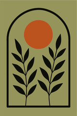 Minimalist abstract art featuring a warm terracotta sun behind two stylized black branches with leaves within an arched frame on a muted olive green background