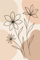 Minimalist line art drawing of three delicate flowers with thin stems and petals against a soft pastel abstract background with organic shapes