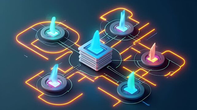 3D isometric illustration of data servers connected by lines to multiple file folder icons, representing secure file sharing and enterprise network.
