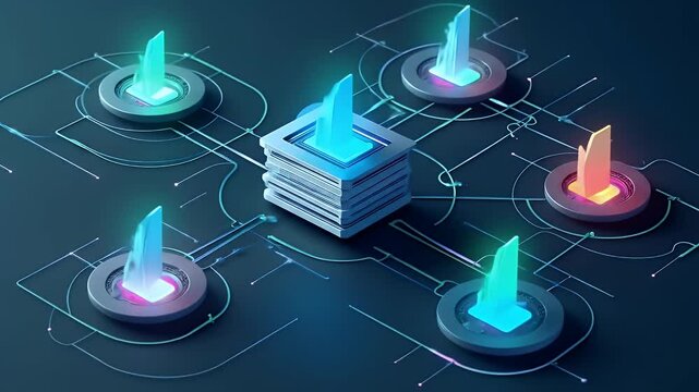 3D isometric illustration of data servers connected by lines to multiple file folder icons, representing secure file sharing and enterprise network.
