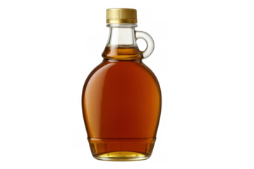 Classic glass bottle containing maple syrup, isolated on transparent background, ready for mockup or design projects