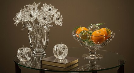 An elegant still life arrangement features a crystal vase filled with delicate glass flowers, a crystal bowl brimming with oranges and green grapes, and decorative glass apples on a book