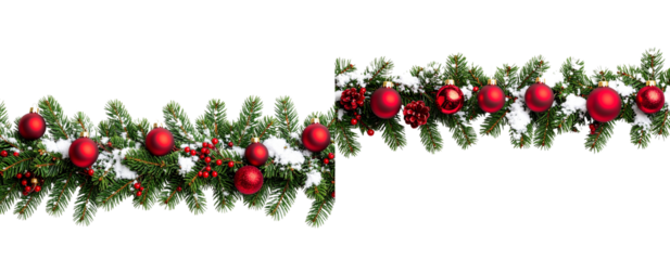 Minimal Horizontal Christmas Garland with Red Ornaments Transparent Background PNG