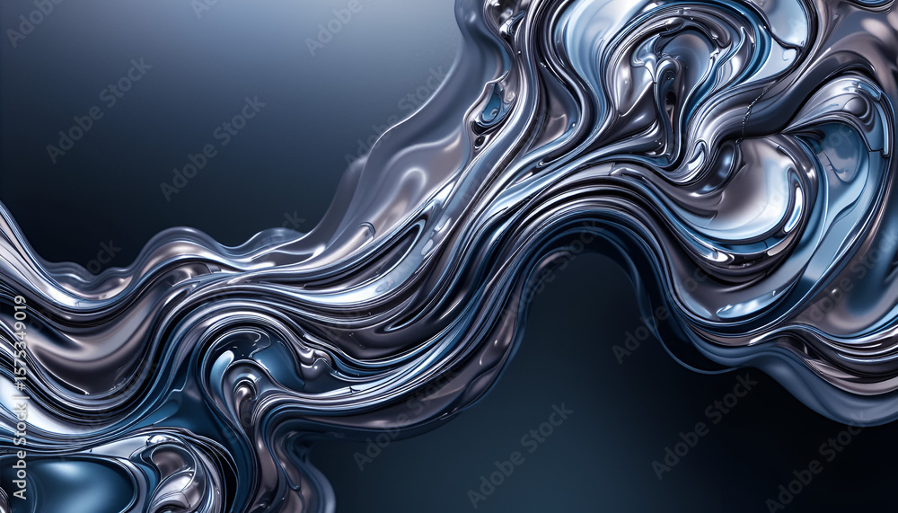 Poster silver fluid forms mesmerizing abstract shapes against a deep blue background, creating a sleek and 