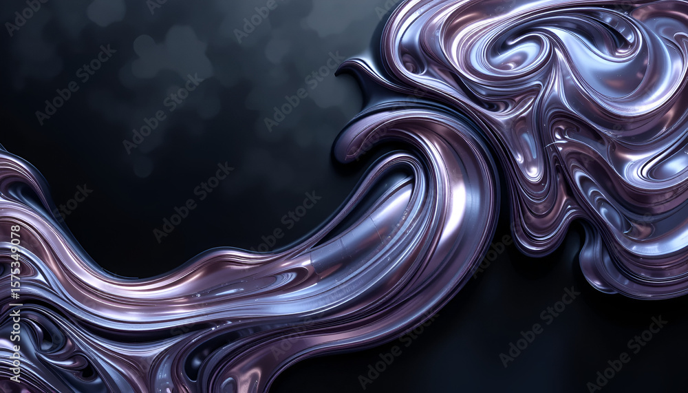 Poster metallic fluid swirls and curves elegantly against a dark background, creating a visually striking d