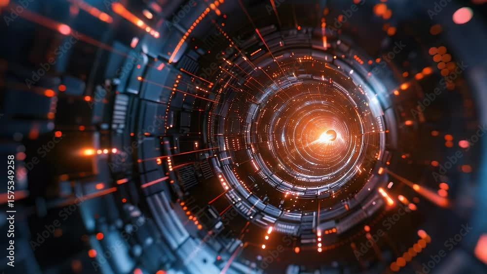 Poster abstract digital tunnel with orange and blue lighting effects and depth of field creating a futurist