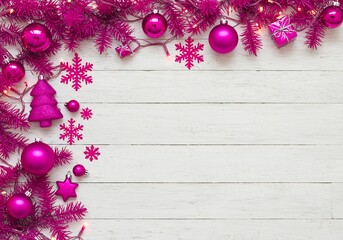 ピンクのクリスマス飾り 白木背景 華やか装飾