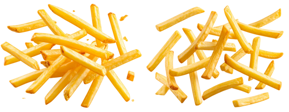  Curved Trail of French Fries Floating in Spiral Pattern Isolated Transparent Background PNG