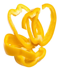 Fresh yellow bell pepper slices isolated on black background for healthy culinary design use