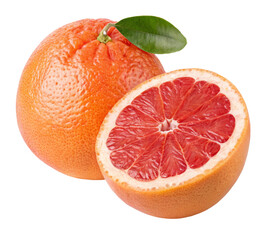 Fresh grapefruit with juicy pulp and green leaf isolated on white background citrus fruit image