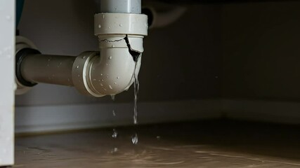 Leaking Pipe: Cracked Drain Under Sink Causes Water Damage Home Repair Needed.
