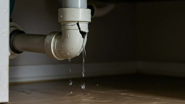 Leaking Pipe: Cracked Drain Under Sink Causes Water Damage Home Repair Needed.