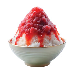 Shaved Ice with Syrup: A mound of shaved ice in a bowl topped with bright red syrup, PNG
