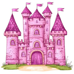 Obraz premium Pink castle with flags and arched windows, charming fairy tale building with towers and wooden door on grassy path