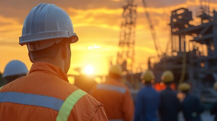 Construction Worker Observing Sunrise at Industrial Site with Machinery and Equipment Against Orange Sky