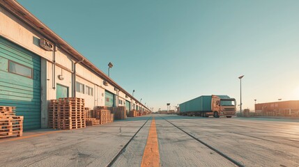 ASEAN Logistics Hub Warehouse with Trucks at Sunset