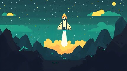 Space Rocket Launching Night Landscape Illustration