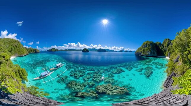 Breathtaking 360-degree panoramic view of a tropical bay with crystal clear turquoise water, coral reefs, and lush green islands under a bright sun.